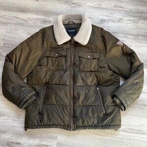 GUESS Men's Dark Green Puffer Jacket with Sherpa Collar